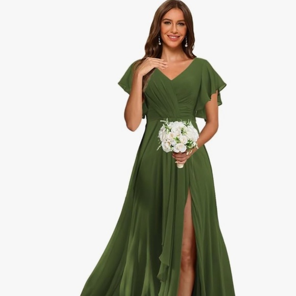 RSOETOO Women's Flutter Sleeves Bridesmaid Dresses 2025 with Slit Chiffon V Neck - Picture 1 of 1
